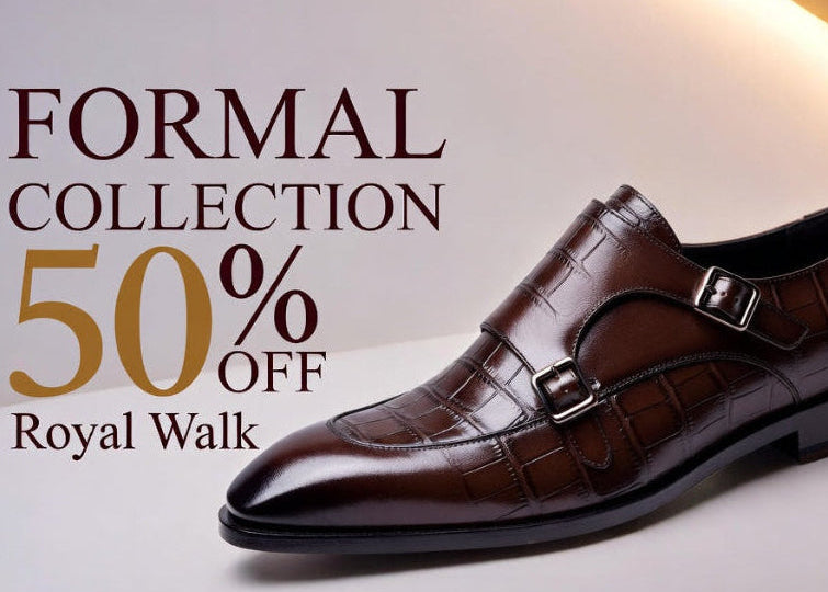Brown formal shoe with '50% Off' text on a light background
